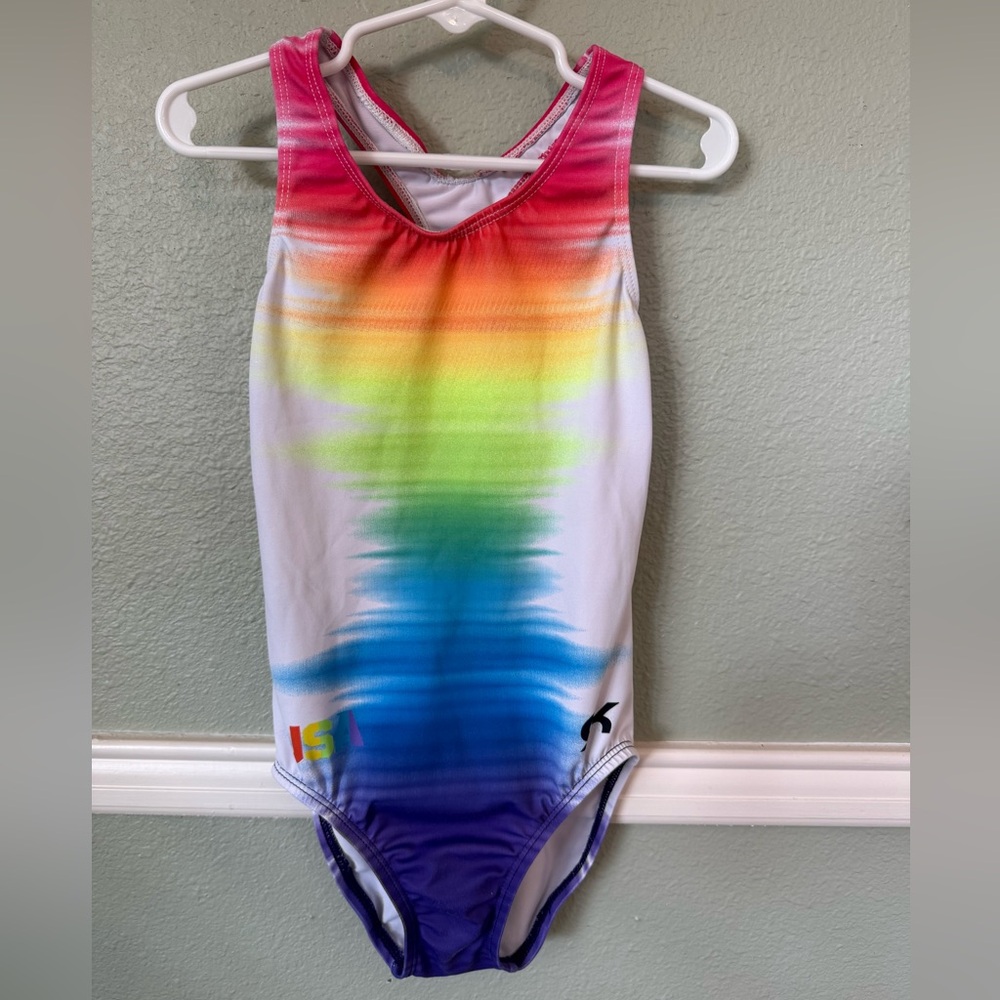 USA COMPETITION GK Elite Gymnastics Leotard Child M Original RAINBOW Radio Wave